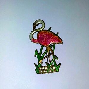 Flamingo brooch pin front is enamel & rhinestones vintage
